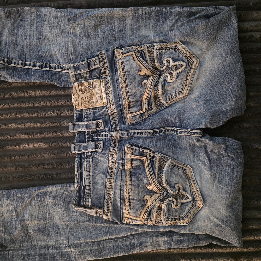 Rock Revival Men's Slim Straight Blue Embroidered Pocket Jeans